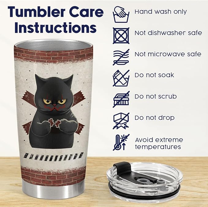 34HD Funny Black Cat Tumbler with Lid, 20 oz Stainless Steel Vacuum Insulated Pet Coffee Mug, Horror Cup, Cat Lover Gifts for Women Men Birthday Halloween Christmas