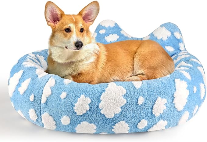 Cat Bed & Dog Bed, Removable Cozy Soft Cat Bed Washable Round Cute Dog Bed with Jacquard for Small Medium Cats and Dogs, Blue Sky S