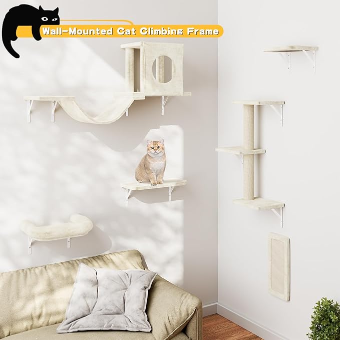 Wall Mounted Cat Furniture, 6pc Cat Wall Furniture, Cat Climber with Cat House, Bridge, Tree, Steps, and Scratcher, DIY Cat Walls Playground, Cat Shelves for Indoor Wall Furniture Set - White