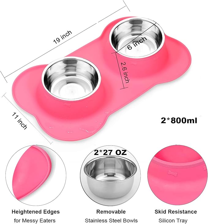 AsFrost Dog Food Bowls Stainless Steel Pet Food Bowls & Dog Water Bowls, Dog Bowls Silicone Mat No Spill Non-Skid Feeding Bowls for Small Size Dog Puppy Cat Food Dish, Pink, 3 Cup/24oz, Set of 2 Bowls