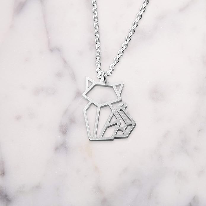 Cat Silver Origami Jewelry - Silver Geometric Chain Necklace – 925 Sterling Plated Silver Necklace for Women & Ladies – Stylish Cat Pendant Necklace