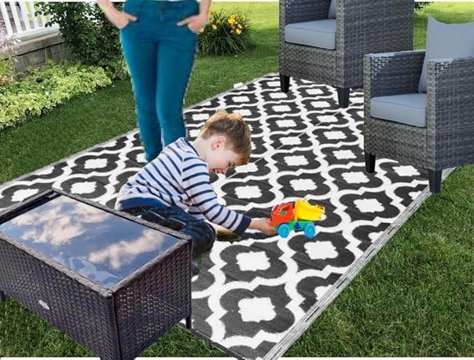BalajeesUSA Outdoor Rug - 5x7 Black, Reversible Recycled Plastic Straw Outdoor Patio Rugs Clearance Waterproof Large RV Camper Mats 507