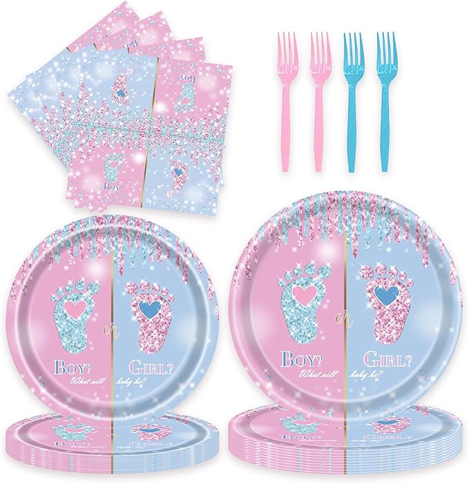 96 Pcs Gender Reveal Party Plates Napkins Forks Decorations Tableware Set Supplies Disposable Paper Boy or Girl Gender Footprint Favors, Serves 24 Guests