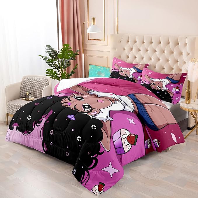 African American Comforter Sets for Girls, Black Girls Kids Comforter Sets 2 Piece Pink Twin Size Bedding with 1 Pillowcase