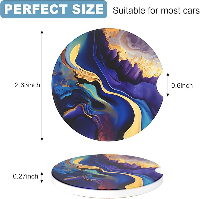 2 Pack Car Cup Holder Coasters, 2.63 inch Anti Slip Insert Absorbent Ceramic Coasters with Cork Base and Finger Notch, Cute Car Accessories Interior for Women