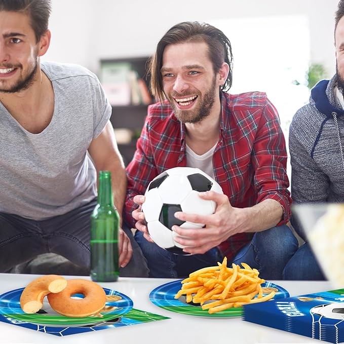 48Pcs Soccer Birthday Party Decorations Sports Theme Tableware Set Football Disposable Plates Napkins Forks Serves 16 Men’s Boy’s Soccer Birthday Party Decorations