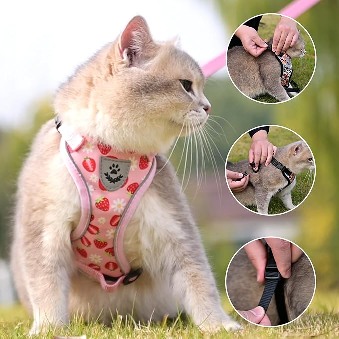 KOOLTAIL Cat Harness and Leash Set, Escape Proof for Safe Walking & Travel, Reflective Comfortable Easy Control Adjustable Kitten Harness for Boys&Girls Small Medium Large Cats Strawberry S