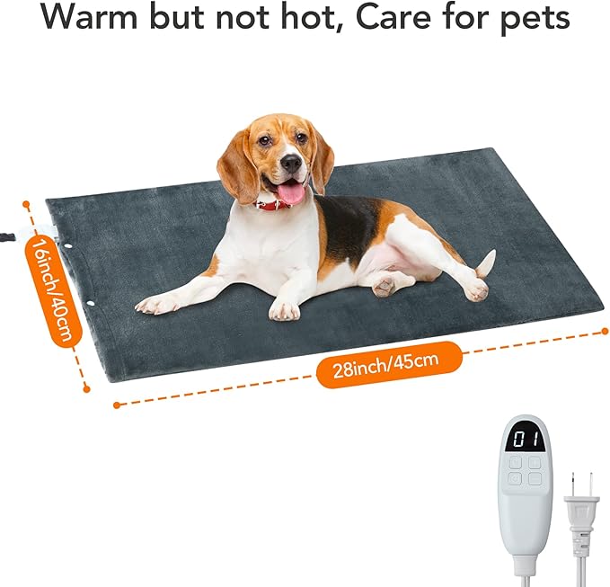 CAROMIO Pet Heating Pad, Faster Heating Electric Pads with Chew Resistant Cord Cat Heated Bed Pad, 6 Adjustable Temperature & 5 Timer Indoor Warming Heated Mat Safe for Dogs Cats- 28 x 16 Inch