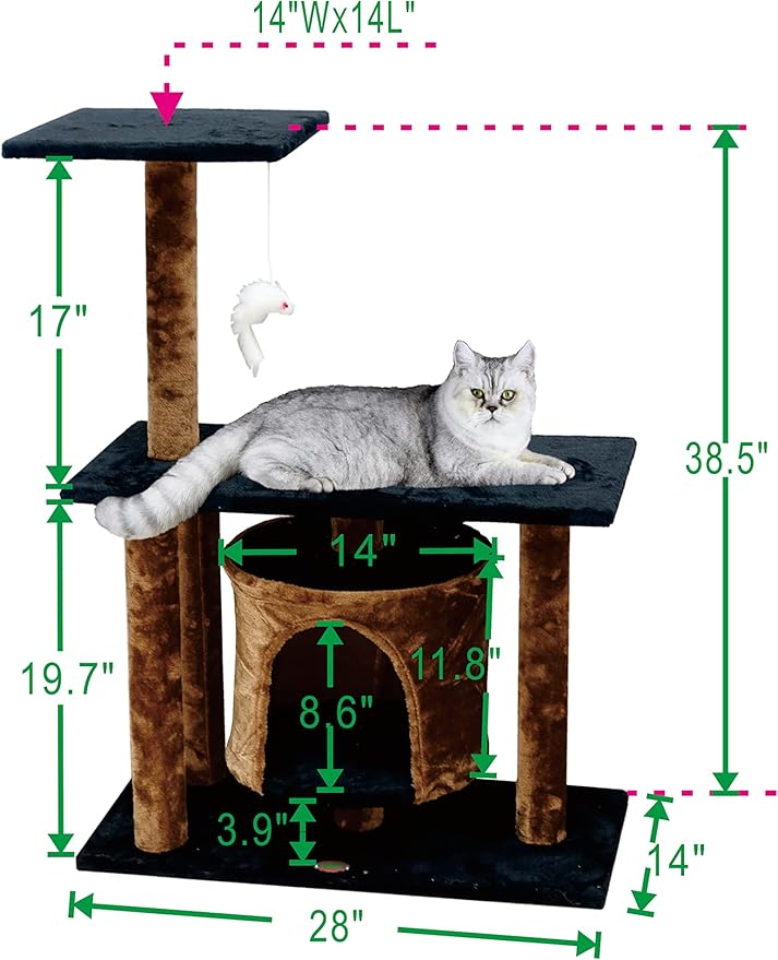 Go Pet Club Everyday Value 38in Cat Tree Kitty Scratcher Tower Kitten Condo House Furniture with Hanging Toy for Indoor Cats, Brown/Black