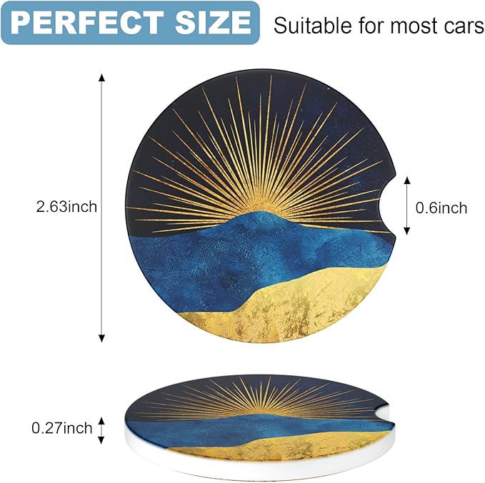 2 Pack Car Cup Holder Coaster, 2.63 inch Anti Slip Insert Absorbent Ceramic Car Coaster with Cork Base and Finger Notch, Cute Car Accessories Interior for Women, Cute Car Coasters., Rays