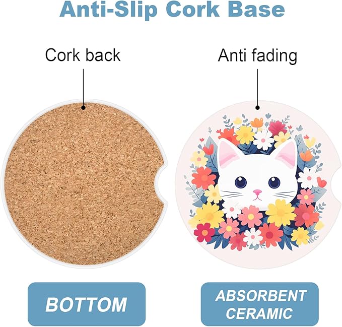 2 Pack Car Cup Holder Coasters, 2.63 inch Anti Slip Insert Absorbent Ceramic Coasters with Cork Base and Finger Notch, Cute Car Accessories Interior for Women