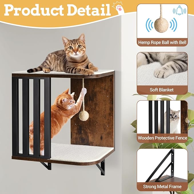 Cat Wall Shelves, 2-Tier Cat Wall Furniture, Small Cat Tree for Indoor Cats, Wood Cat Floating Shelf with Scratching Pad, Sisal Rope Ball, Wall Mounted Cat Tower Cat Perch for Nap, Climb, Play(Brown)