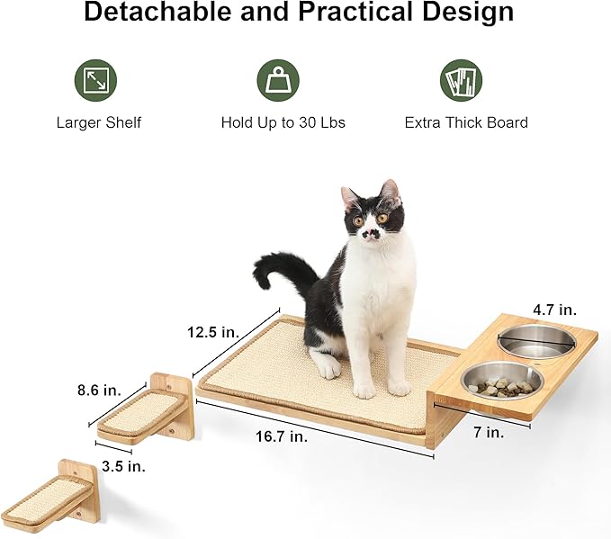 FUKUMARU Cat Wall Shelves, 3 in 1 Cat Wall Furniture Set, Cat Food Station with 2 Wall Steps, Solid Rubber Wood Cat Perch, Suitable for Cats Play, Nap, Eat, DIY Wall Jungle Gym
