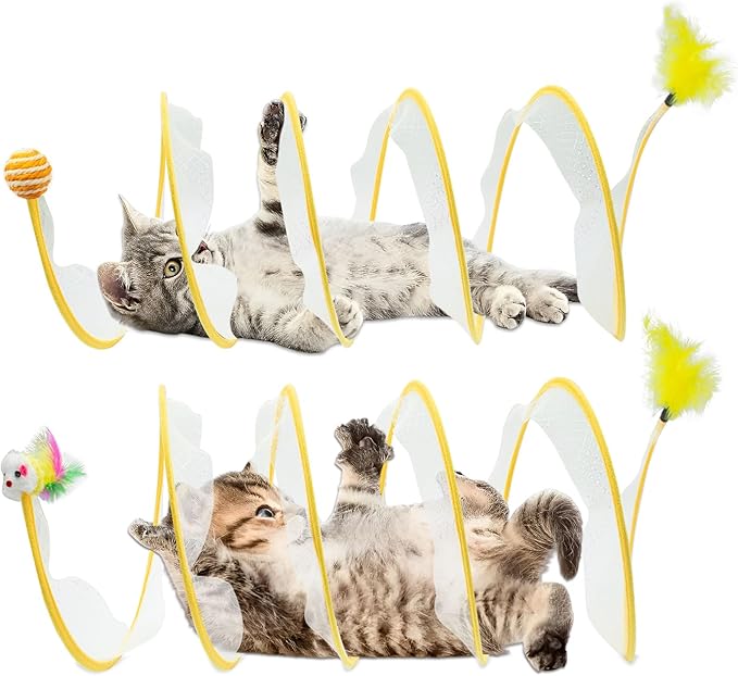 2 Packs Folded Cats Tunnel, Cats Tunnels Toy for Indoor Cats, Collapsible Cats Tubes Played Tunnel Spring Pet Cats Tunnel Bed Interactive Toys with Feather Mouse Hemp Ball for Kitten Yellow