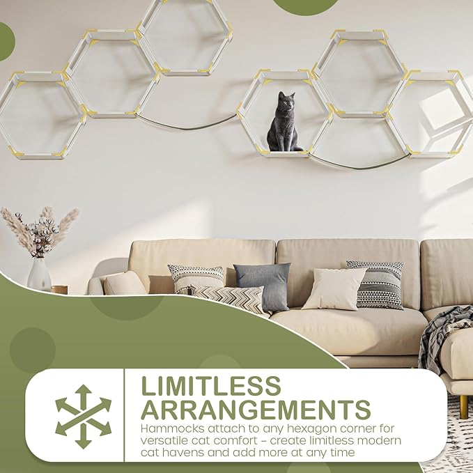 Cat Wall Furniture Set, Wall Mounted Cat Climbing Floating Shelf with Cat Entry Stairs and Hammock, White Perch Hexagons Shelves For Climber Cats, Cat Wall Tree With Window Hammock Bridge Bed
