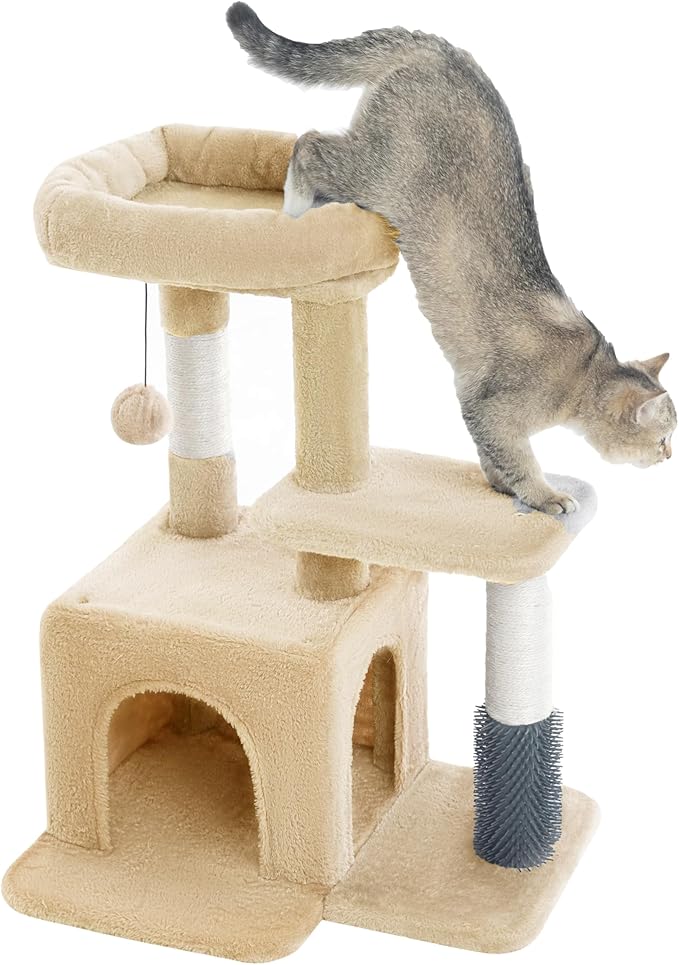Pesofer Cat Tree, Small Cat Condo with Sisal Scratching Post and Massage Post Beige