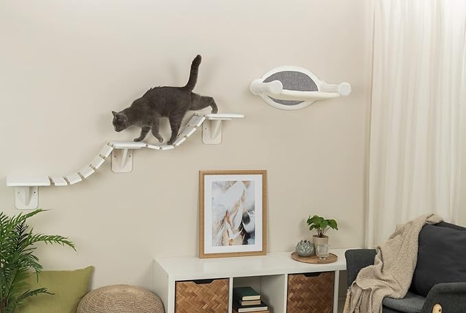 TRIXIE Wall Mount Cat Bridge, Three Platforms Linked by Bridge, White