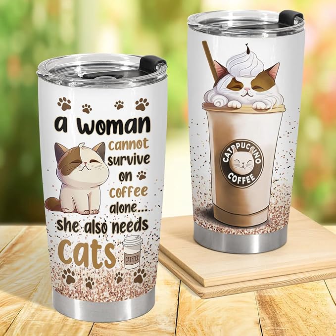 34HD Cat Lady Tumbler with Lid, 20oz Stainless Steel Vacuum Insulated Coffee Mug with Cats, Cute Kitty Gifts for Her Women, Cat Mom Gifts for Birthday Mothers Day Christmas