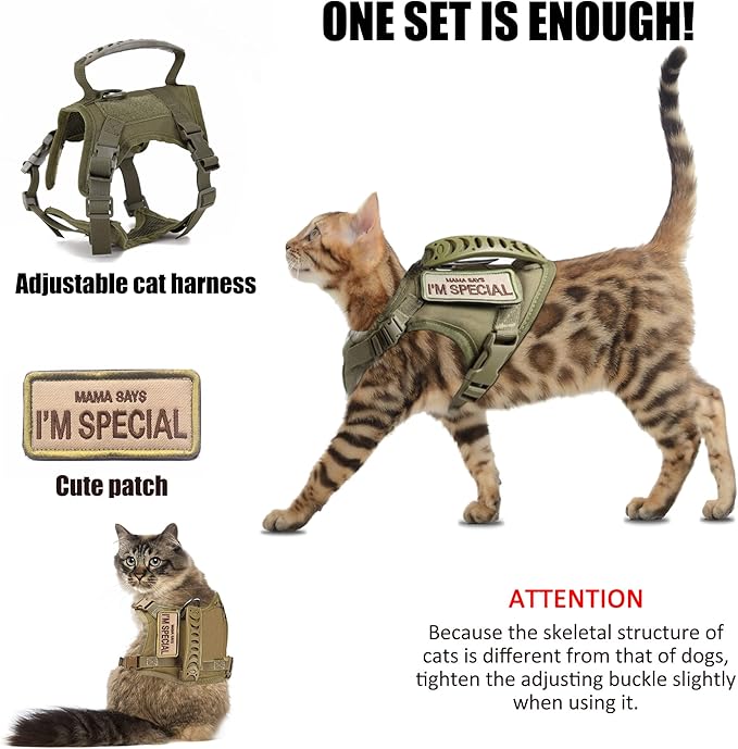 Tactical Cat Harness for Walking Escape Proof, Adjustable Pet Vest Harness, Soft Mesh with Control Handle for Large Cat,Puppy and Small Dog Harness, (Army Green,cat Harness only)