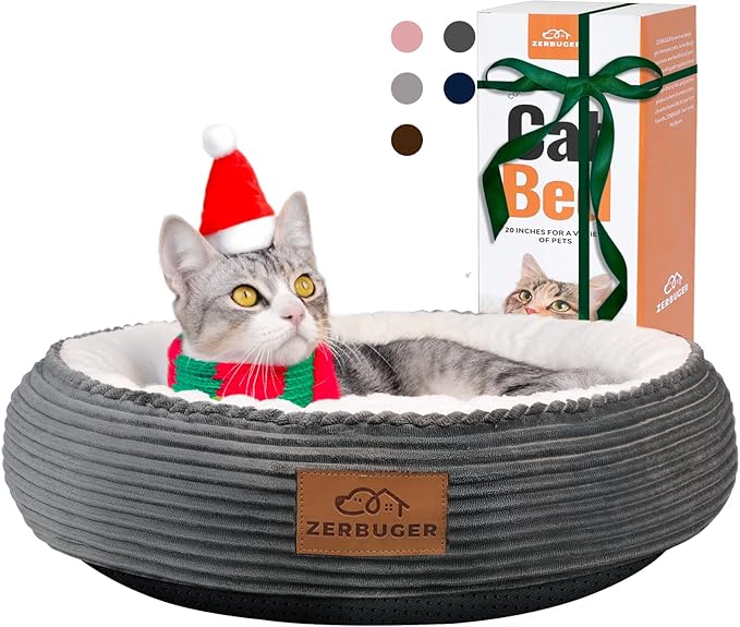20in Washable Cat Beds for Indoor Cats - Round Donut Pet Bed for Cats, Small Dogs, Puppy, Kitten - Anti-Slip Bottom, Calming Bed Gift - Dark Grey