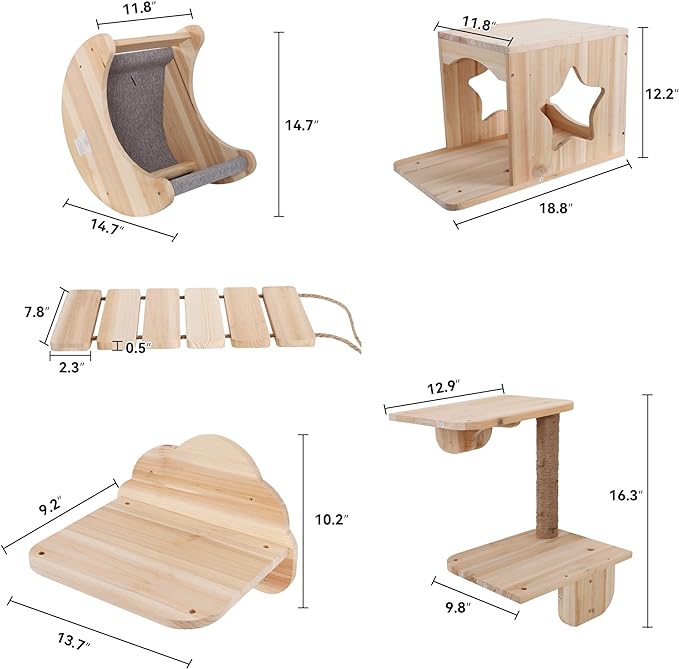 Cat Wall Shelves 7PCS Set for DIY Solid Wood Cat Star Houses & Condos Cat Perches Cat Scratching Post Cat Bridge for Kitty & Kitten Modern Cat Tree