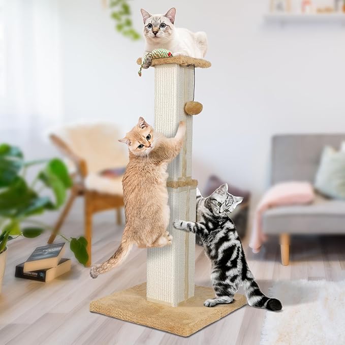 Scratching Posts for Indoor Cats Adults & Kitten,31.1" H Cat Scratching Post,Tall Sisal Cat Scratching Post with Hanging Ball,Beige