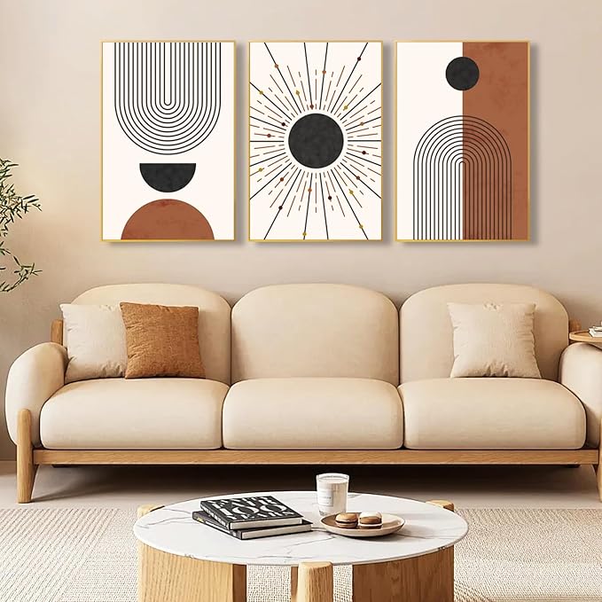 Ausril Minimalist Boho Framed Canvas Wall Art Set, Neutral Geometric Line Sun Wall Decor, Mid Century Wall Painting, Abstract Modern Bohemian Art Print for Living Room, Bedroom, Office -16"x24"x3