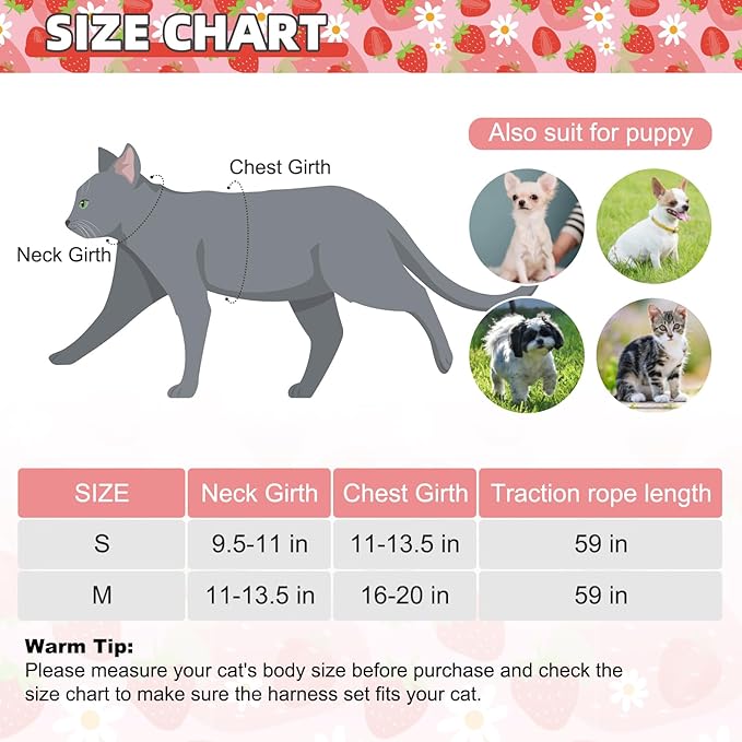 KOOLTAIL Cat Harness and Leash Set, Escape Proof for Safe Walking & Travel, Reflective Comfortable Easy Control Adjustable Kitten Harness for Boys&Girls Small Medium Large Cats Strawberry S