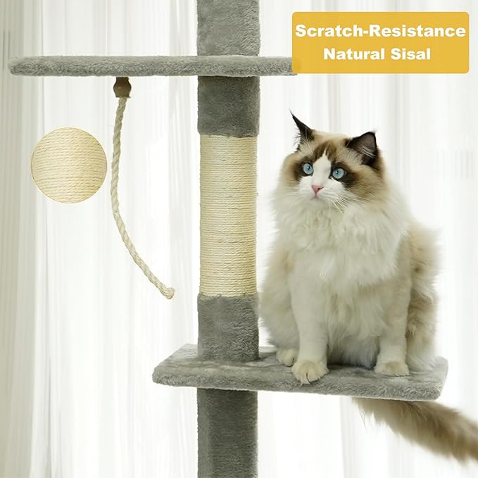 Floor to Ceiling Cat Tree, 5-Tier Height (86-109 inches) - Adjustable Cat Climbing Tower with Sisal Scratching Posts, Hammock, Platforms, and Hanging Balls
