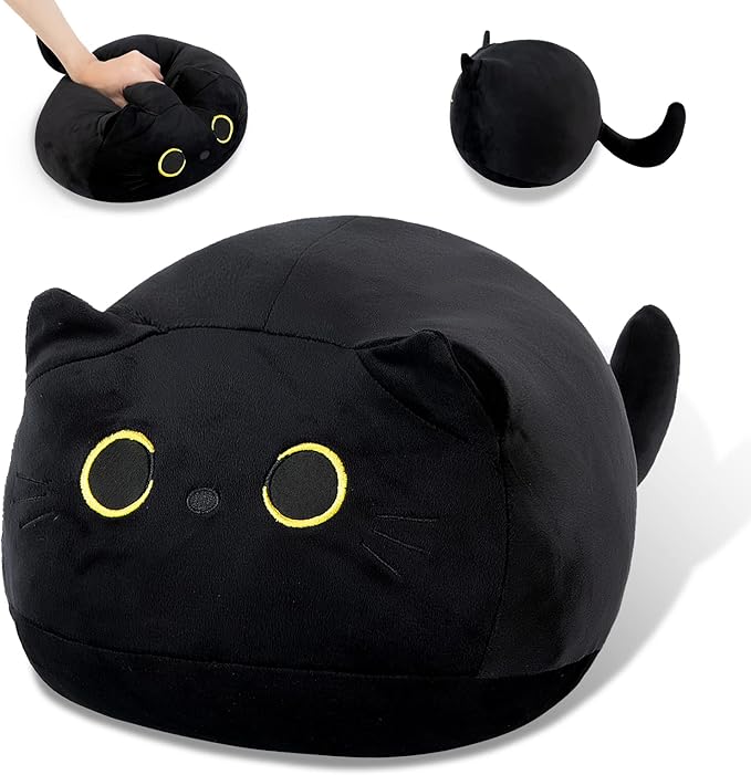 15.7" 3D Black Cat Plush Toy Pillow, Soft Kawaii Kitten Stuffed Animal Cushion