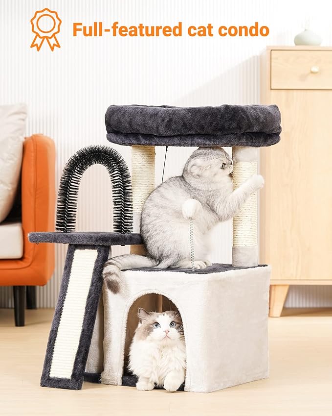 Happi N Pets Cat Tree Tower for Indoor Cats, Multi-Level Cat Tree with Scratching Posts & Pads, Cozy Cat Perch, Cat Self Groomer and Interactive Toys, Featuring with Large Cat Cave, Light Gray