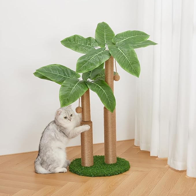 29.7inch Cat Scratching Post,Cat Scratcher Cat Tree with 2 Sisal Scratching Poles & 2 Interactive Dangling Balls,Cats Scratching Posts for Indoor Kitten & Adult Cats (2 Posts Banana Tree)