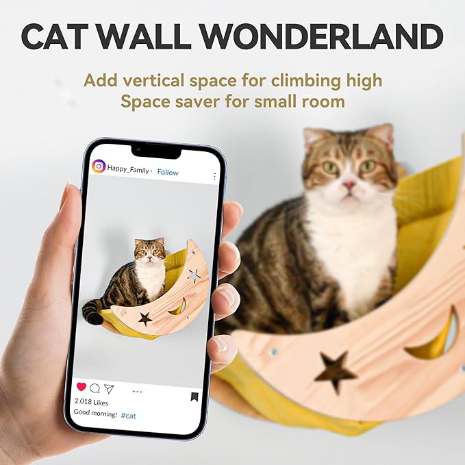 Wall Cat Bed Moon, Cat Hammock Wall Mounted Shelf with 2 Steps Cat Climbing Shelf and Sisal Cat Rope Scratching Post Cat Wall Furniture Cat Bridge Ladder Wooden Indoor Cat Wall Bed-Moon Set