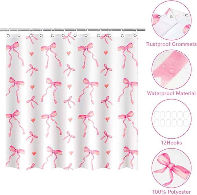 4Pcs Pink Bow Shower Curtains Set, Waterproof, 71”×71“ Washable Bathroom Decor with Non Slip Rugs, Toilet Lid Cover and Bath Mat, Cute Shower Curtain Suitable for Girly and Girls with 12 Hooks