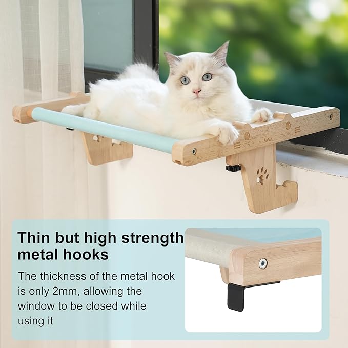 Cat Sill Window Perch Sturdy Cat Hammock Wooden Pet cat Bed Easy to Adjust Cat Bed for Windowsill Bedside Drawer Cabinet Floor (Blue with Gray)