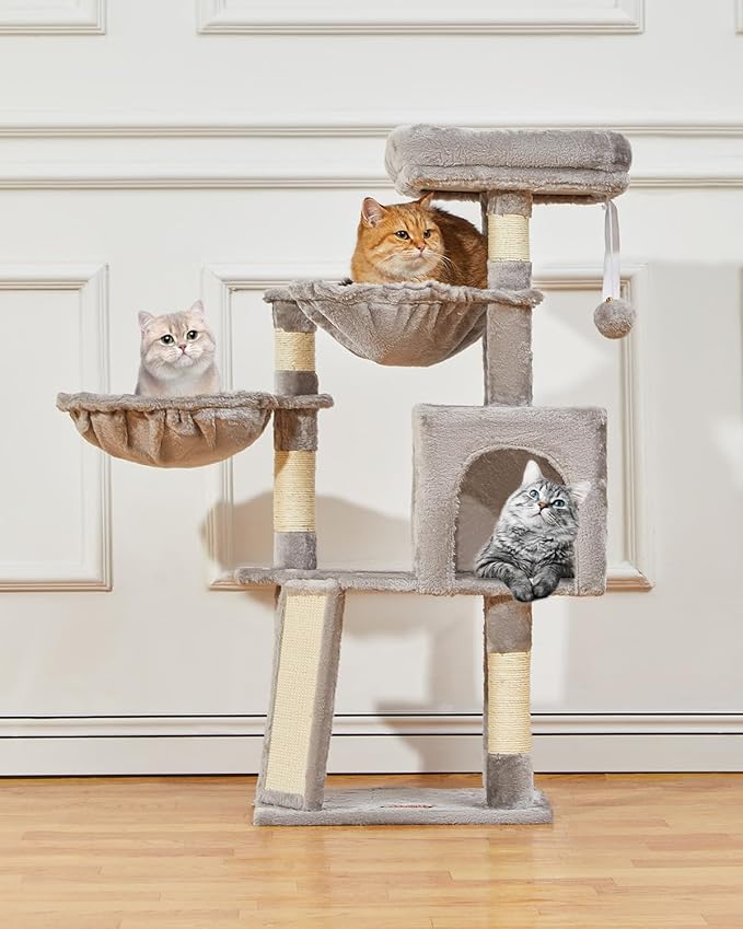 Taoqimiao Cat Tree, 37.4-Inch Cat Tower for Indoor Cats,Suitable for Kittens,Plush Cat Condo with 5 Scratching Posts, Plush Perch,2 Hammock,Pompoms, Scratching Ramp MS018W Light Gray