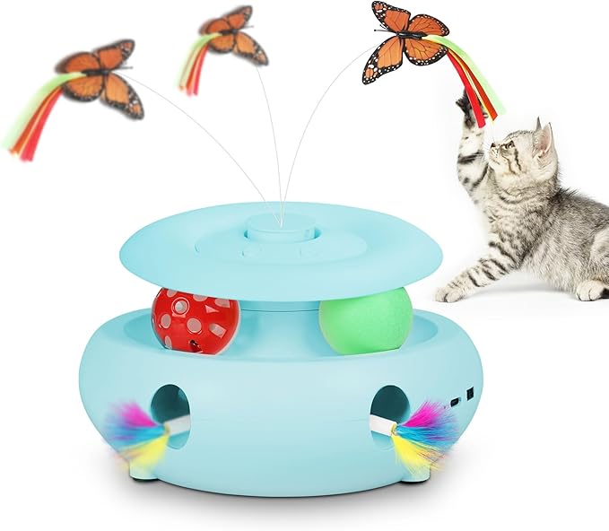 3-in-1 Interactive Cat Toys for Indoor Cats, Automatic 6 Holes Mice Whack-A-Mole, Fluttering Butterfly, Track Balls, USB Rechargeable, Ultra Fun Smart Interactive Kitten Toy (Tiffany Blue)