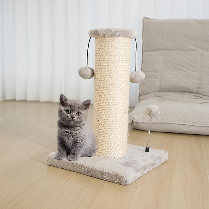 Dimaka Large Heavy Cat Scratching Post for Cats with 6" Wide Elevated Top Stand, Cat Tree Scratcher, 4.5" Dia. Big Sisal Rope Pole with 3 Teasing Balls, Extra Heavy Thick Stable Base (Grey)