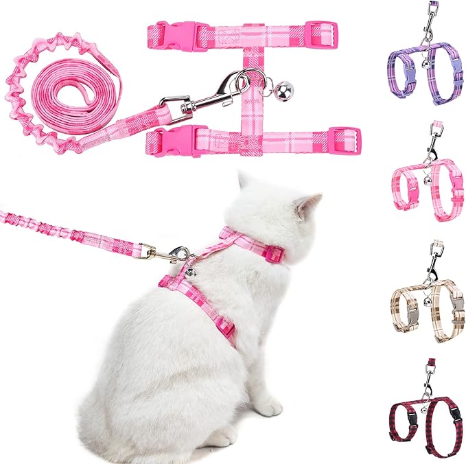 BEAUTYZOO Cat Harness and Leash Set Escape Proof for Walking, Kitten Soft Adjustable Vest Harnesses for Small Medium Large Cats, Easy Control Breathable Plaid Ribbon Nylon for Outdoor Indoor Use
