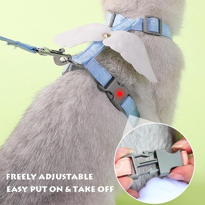 Cat Harness and Leash Set White Wing for Outdoor Travel Walking Escape Proof Soft Safe Adjustable Kitten Puppy Small Strap Angel Style, Blue