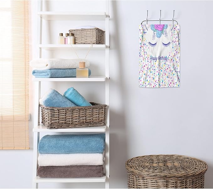 AOYEGO Animal Unicorn Hand Towel Floral Feather Happy Birthday Blessed Quote Hand Drawn Star Dots Towels Cotton Face Towel Bath Kitchen Decor Set for Women Men Girls Boys 15x30 Inch