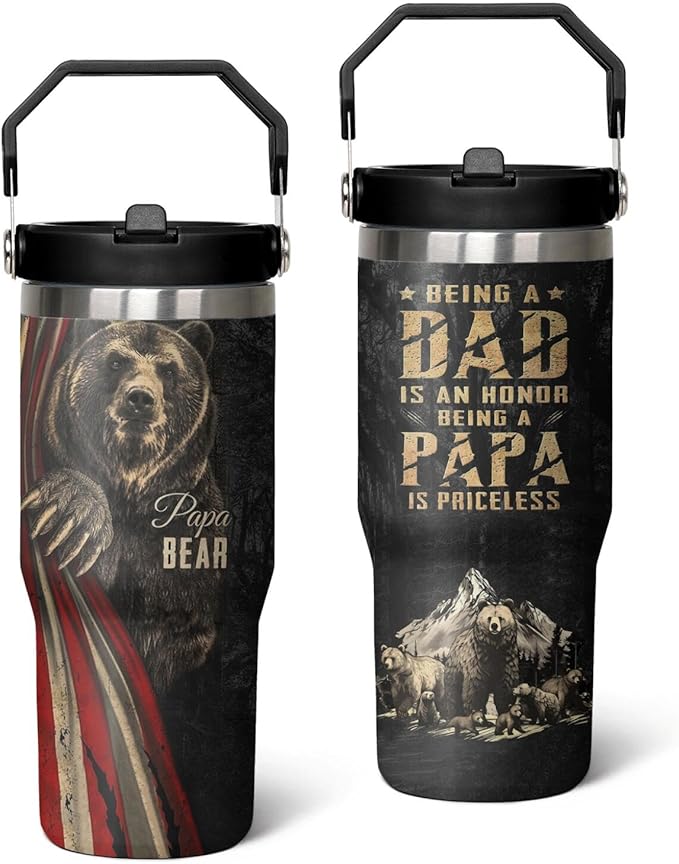 30 Oz Papa Bear Tumbler with Handle and Straw, 30 Oz Leak Proof Insulated Papa Bear Mug, Double Wall Stainless Steel Papa Bear Cup, Papa Bear Gifts for Dad and Papa Bear Fathers Day Gift