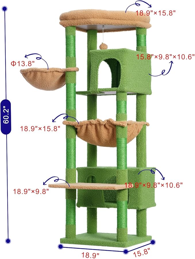 Cat Tree for Indoor Cats Large Adult, 60.2 Cat Tower with Large Platforms, Cat condo, Cat Tree Tower with 8 Cat Scratching Posts, Cat Hammock, Green and Brown GCT030-MGY