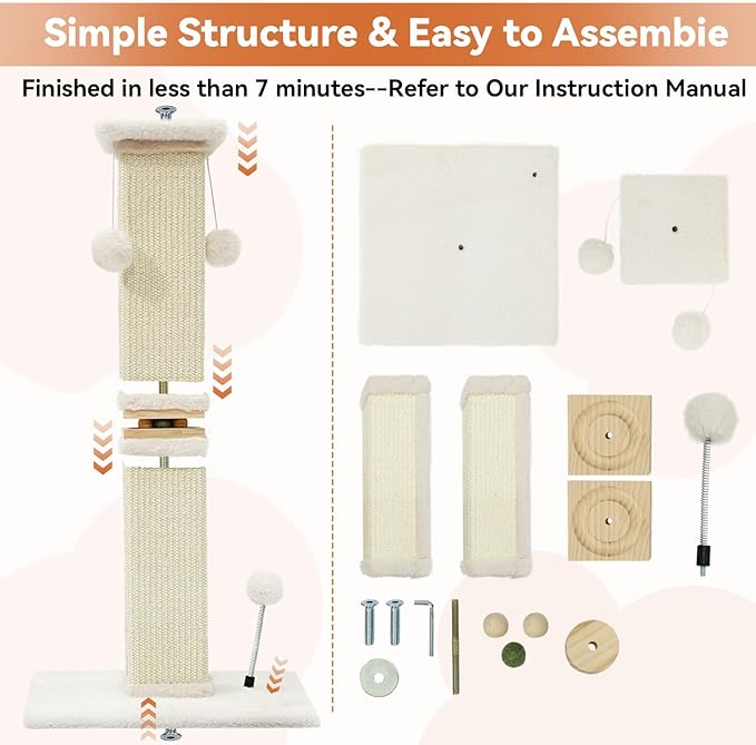 OTOB Cat Scratching Post 33 Inch, Nature Sisal Scratching Posts for Indoor Cats Adults Kitten, 6-in-1 Interactive Turntable Cat Scratch Post Protect Your Furniture, Large Cat Scratcher, Beige