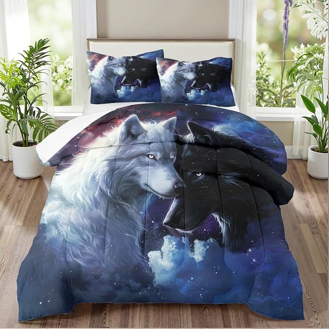 Animal Print Comforter Set Twin Wolf Bedding Set Wild Animals Bedding Black White Wolves Couple Comforter Soft Down Comforter with 1 Pillowcase
