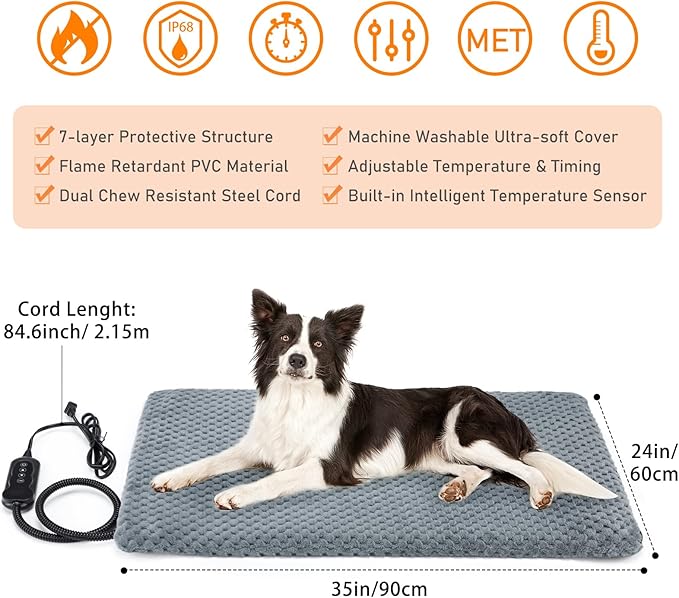 INVENHO Pet Heating Pad, Waterproof Adjustable Temperature Dog Cat Heating Pad with Timer, Indoor Pet Heating Pad for Cats Dogs Electric Pads for Dogs Cats, Pet Heated Pad (L: 35" x 24")