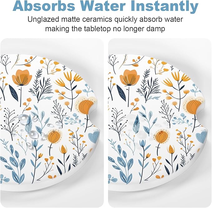 2 Pack Car Coaster, 2.63 inch Anti Slip Insert Absorbent Ceramic Coaster with Cork Base and Finger Notch, Cute Car Accessories Interior for Women