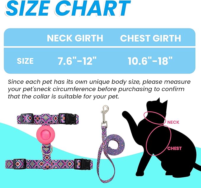 Cat Harness and Leash Escape Proof for Walking Travel Outdoor - Soft Nylon Adjustable Cute Cat Harness Leash Set with Airtag Holder for Small Medium Large Cats
