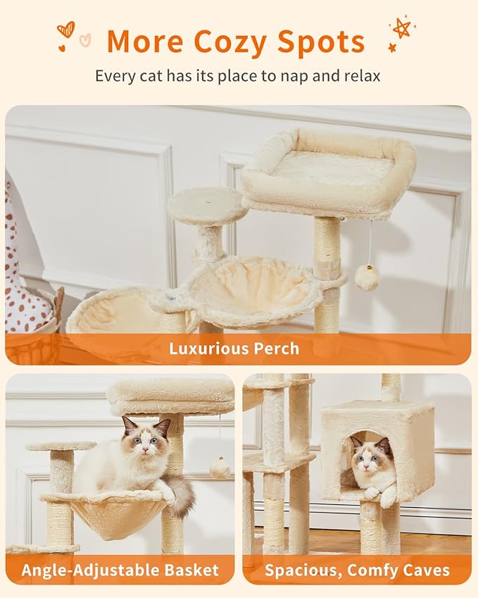 Taoqimiao Gothic Cat Tree, 39.4-Inch Cat Tower for Indoor Cats,Suitable for Kittens,Plush Cat Condo with 5 Scratching Posts, Plush Perch,2 Hammock,Pompoms, MS019M Beige