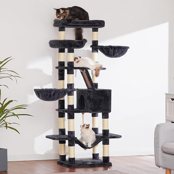 Heybly Cat Tree, 68 inch Multi-Level Cat Tower for Indoor Cats, 2 Widened Plush Perches Cat Condo with Scratching Board and Big Caves, Smoky Gray HCT025G